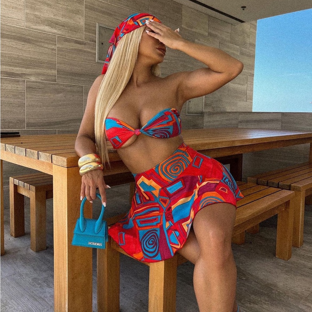 3 Piece Red and Blue Geometric Skirt Set